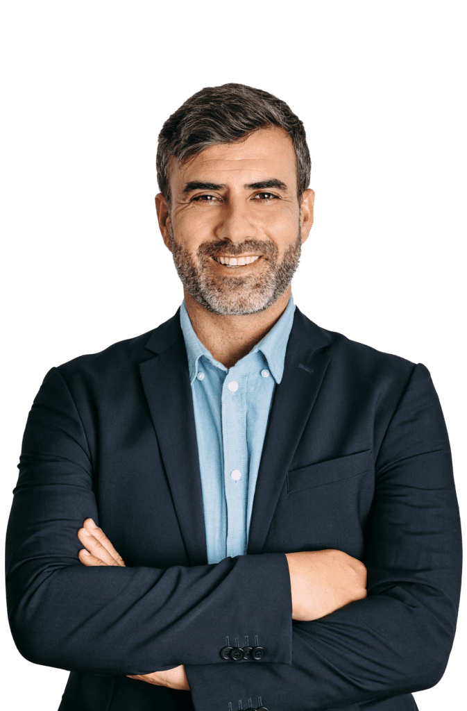 Businessman smiling with arms crossed on white background